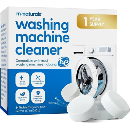M3 Naturals Washing Machine Cleaner Tablets for HE Top and Front Load, Fragrance Free, 24 Count