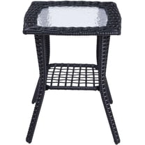 Outdoor Wicker Side Table, Rattan End Table with Glass Top, Square Patio Table Coffee Bistro Table for Indoor Yard Porch Balcony (Black)
