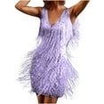 thumbnail image 2 of Awdenio Women's Novelty Dresses , Fashion Women Stylish V Neck Solid Color Tassel Sleeveless Dress Short Skirt, 2 of 5