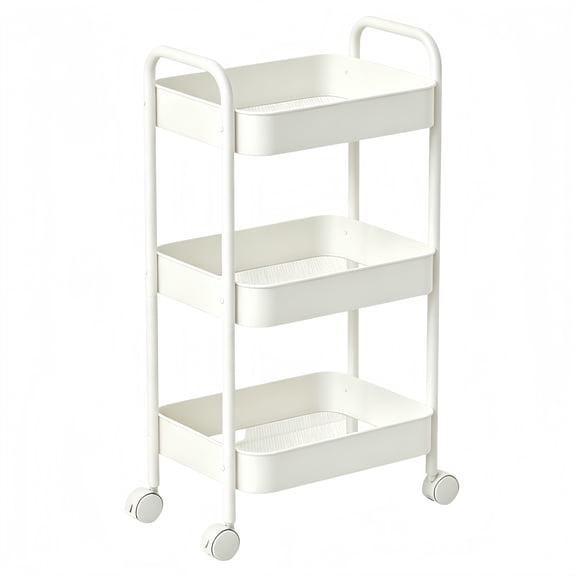 3 Tier Rolling Cart Organizer, White Storage Cart with Wheels & Handles, Multi-Functional Utility Shelving for Kitchen, Bathroom, Living Room, Office, Slim Rolling Cart for Narrow Spaces