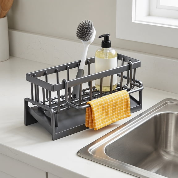 Sponge Holder for Kitchen Sink, Kitchen Sink Caddy, Sink Organizer with Brush Holder & Soap Dispenser, Rustproof ABS, Grey 9.06"x3.70"x4.21"