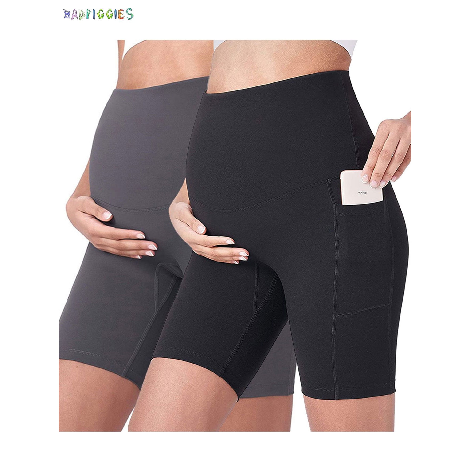 BadPiggies Women's Maternity Yoga Shorts Bike Shorts Over The Belly Bump Workout Running Active Athletic Short Pants with Pockets, 2-Pack