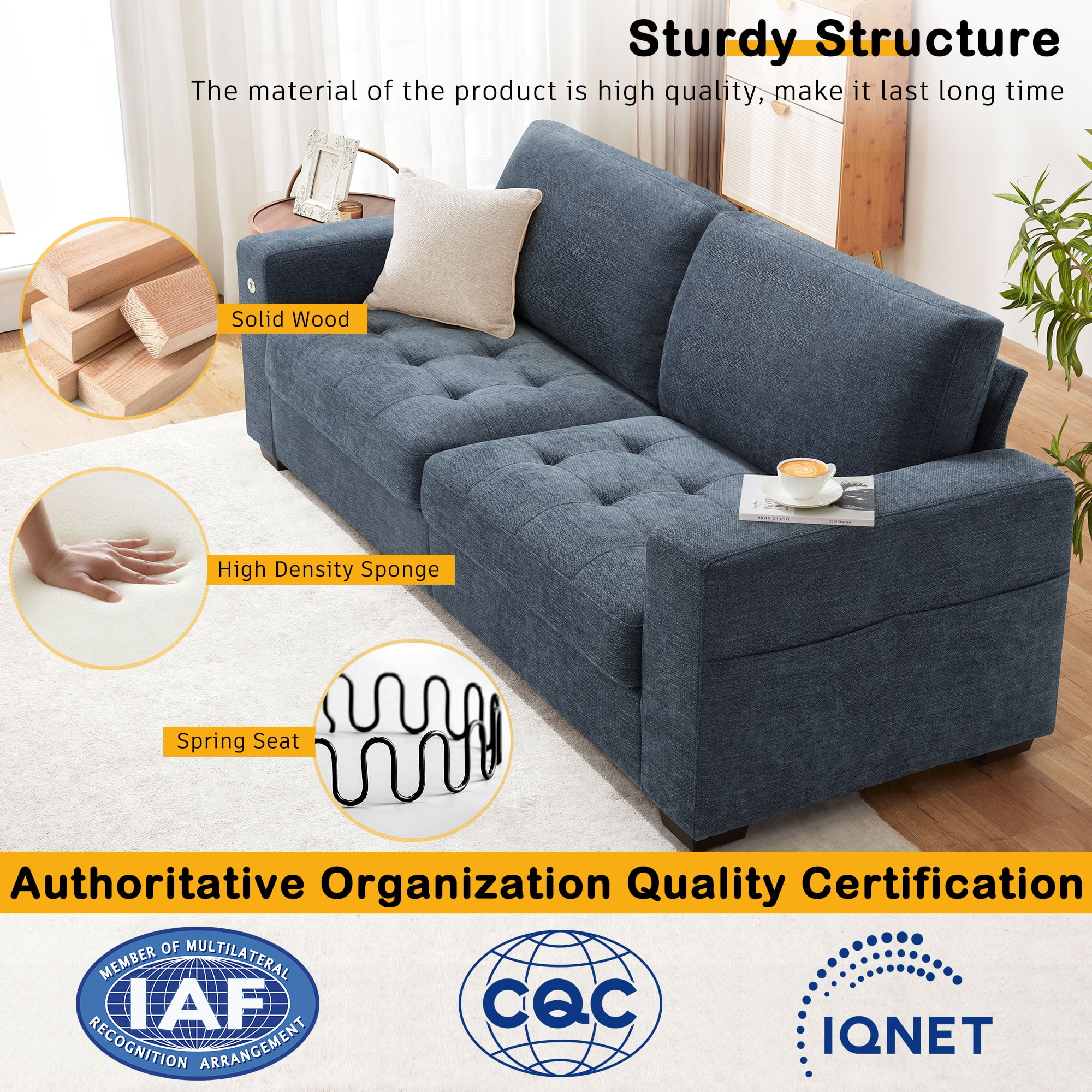 Bedluxury 89" Deep Sofa Couch with USB/Type-C Charging, Storage Pocket & Wide Armrest, Removable Cover, Seats 3 Adults, Chenille Blue