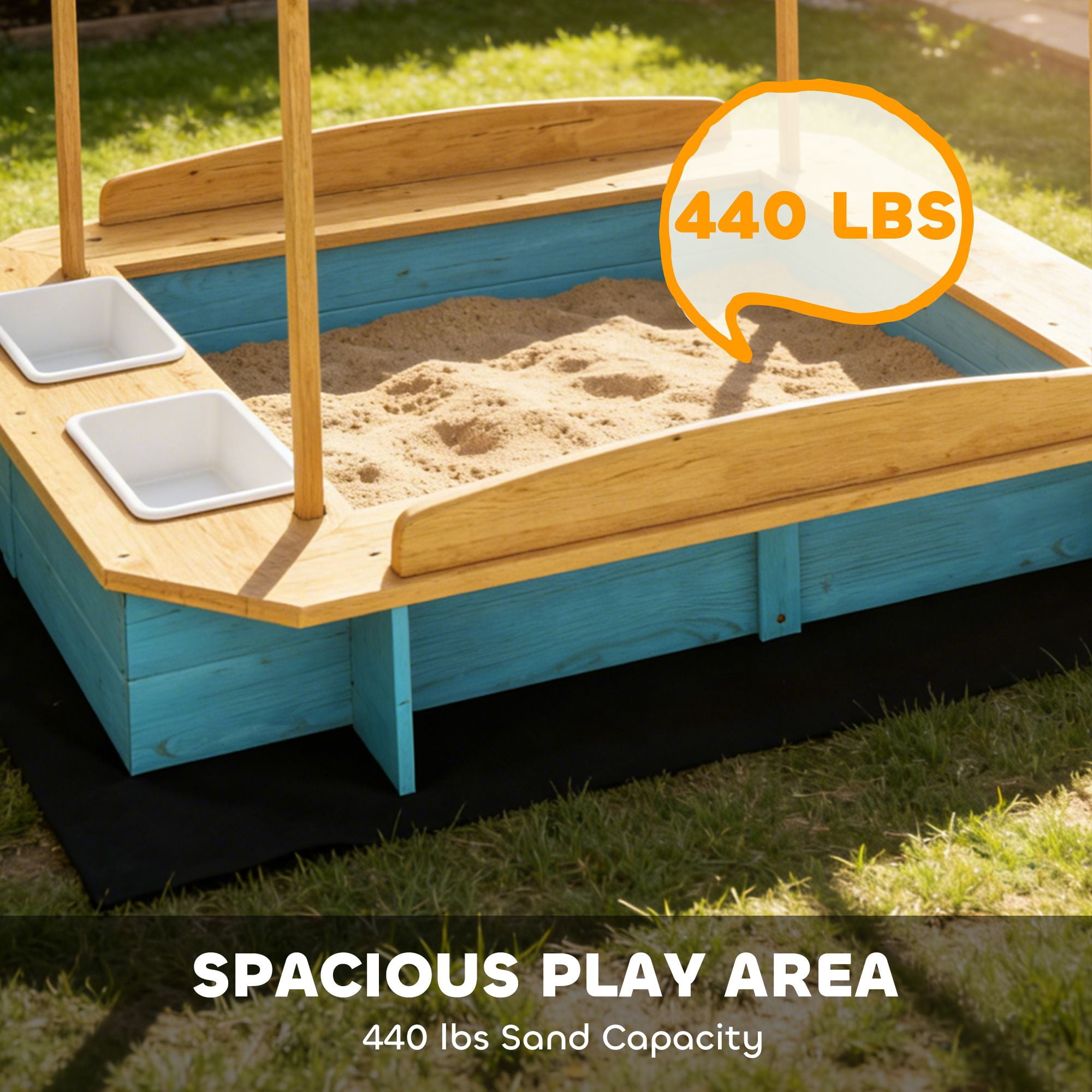 Wooden Kids Sandbox with Dinosaur Print Canopy, 3-Sided Bench Seats for 6 Children, Removable Storage Boxes Bottom Liner Fir Wood Outdoor Sand Play Pit for Backyard Ages 3-6 Blue