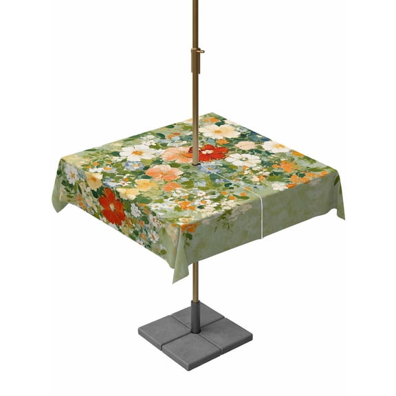 Square Outdoor Tablecloth with Umbrella Hole Summer Wildflowers Outside Table Cloth Waterproof Patio Table Cover Pastoral Oil Painted Retro Art Zipper Tablecloths for Picnic Party Camping 54x54 Inch