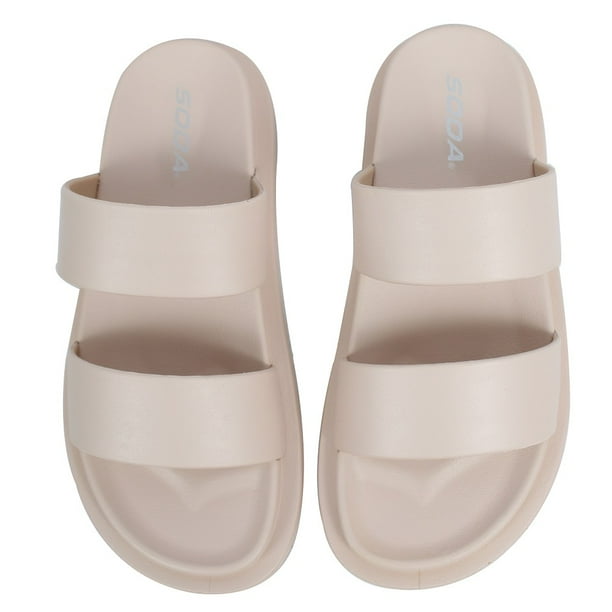 Soda Women's Comfort Slides Double Strap EVA flat Sandals, Beige, 8.5 M