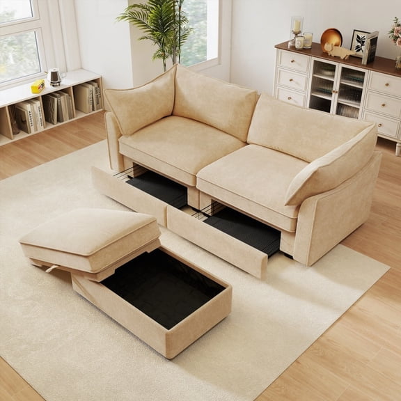 Modern Minimalist Chenille 2-Seater Sofa 220cm with Footrest and Storage