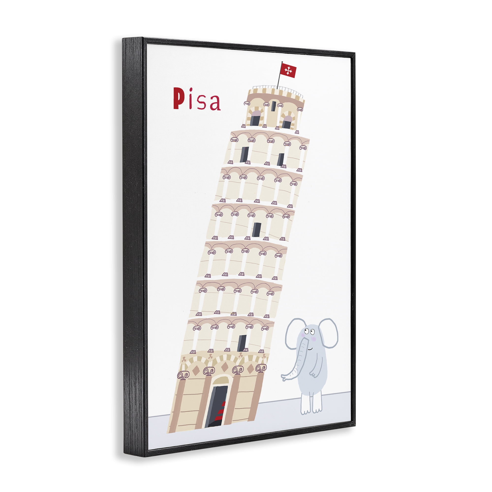 Elephant & Leaning Tower Pisa Black Framed Giclee Art, design by Carla Daly