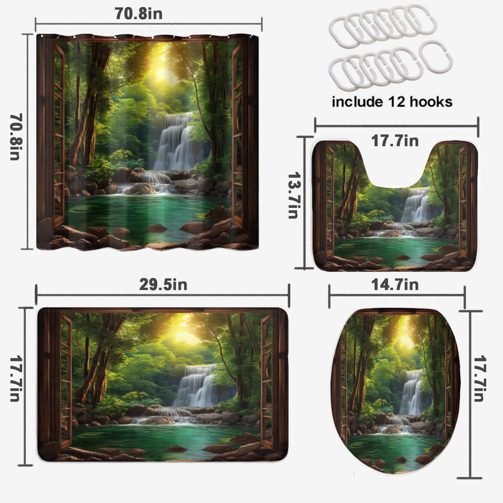 Landscape 4 Pieces Shower Curtain Set with Non-Slip Rug Waterfall Forest Lake Tree Nature Scenery View with Toilet Lid Cover, Bath Mat, Shower Curtains for Bathroom Rug Set, 72x72 Inch