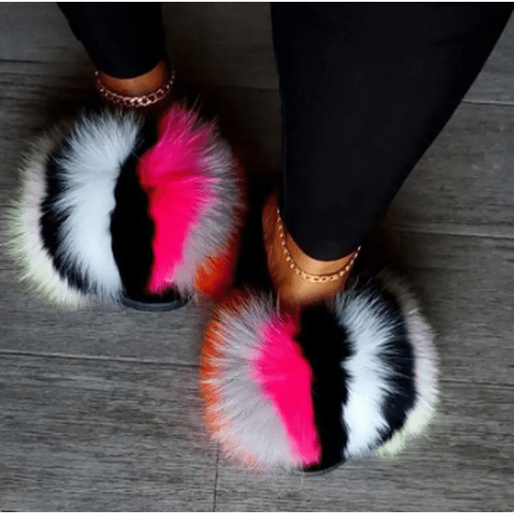 Women's Summer Fluffy Colorful Faux Fur Slides Slippers Luxurious Fashion Outdoor Shoes