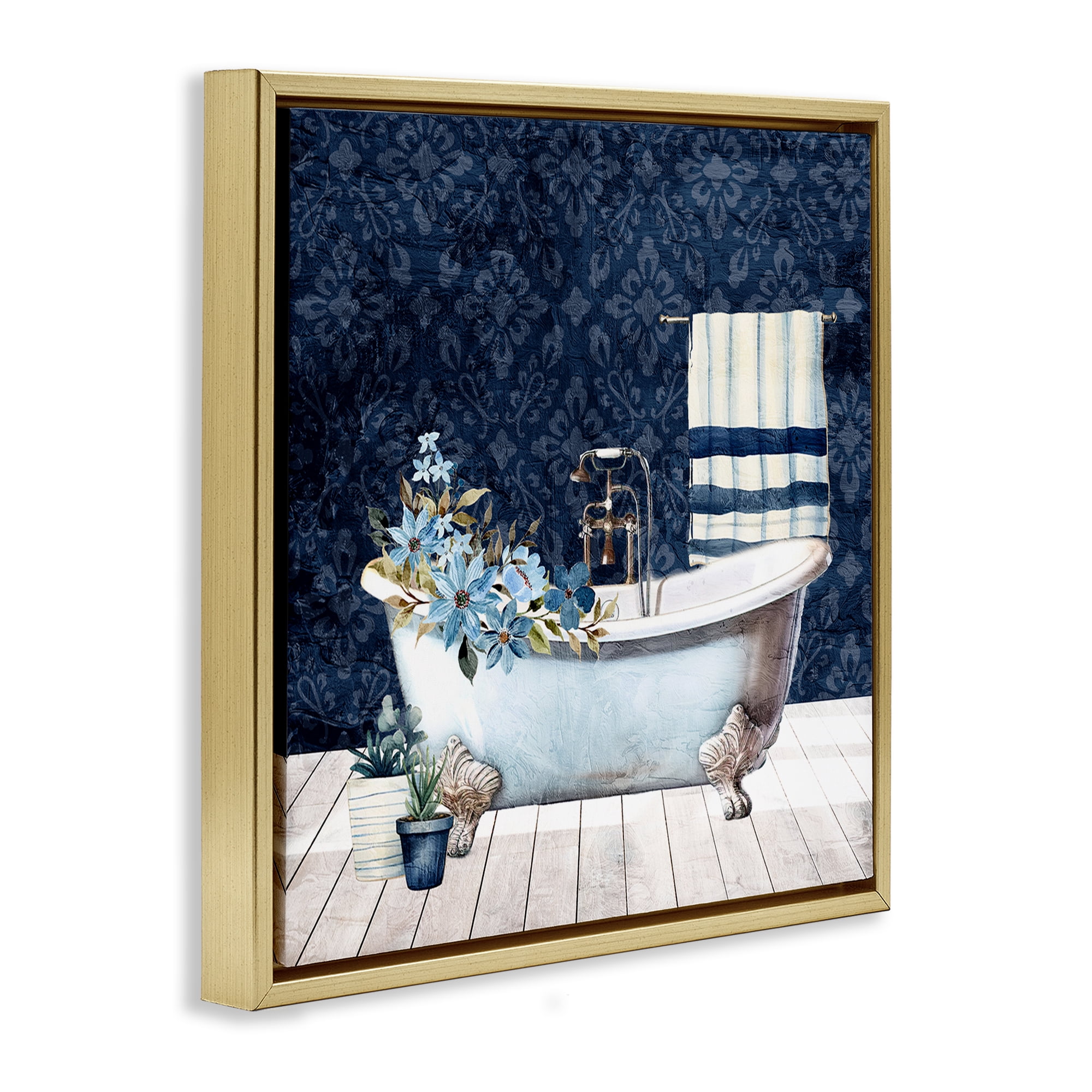 Stupell Industries Blue Damask Bathroom Bath & Laundry Painting Gold Floater Framed Canvas Art Print Wall Art, 18 x 18