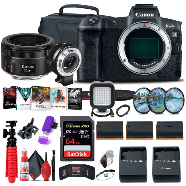 Canon EOS R Mirrorless Digital Camera (Body Only) New (3075C002) + EF 50mm Lens + Mount Adapter + 64GB Memory Card + Photo Software + 2 x LPE6 Battery + More(International Model)