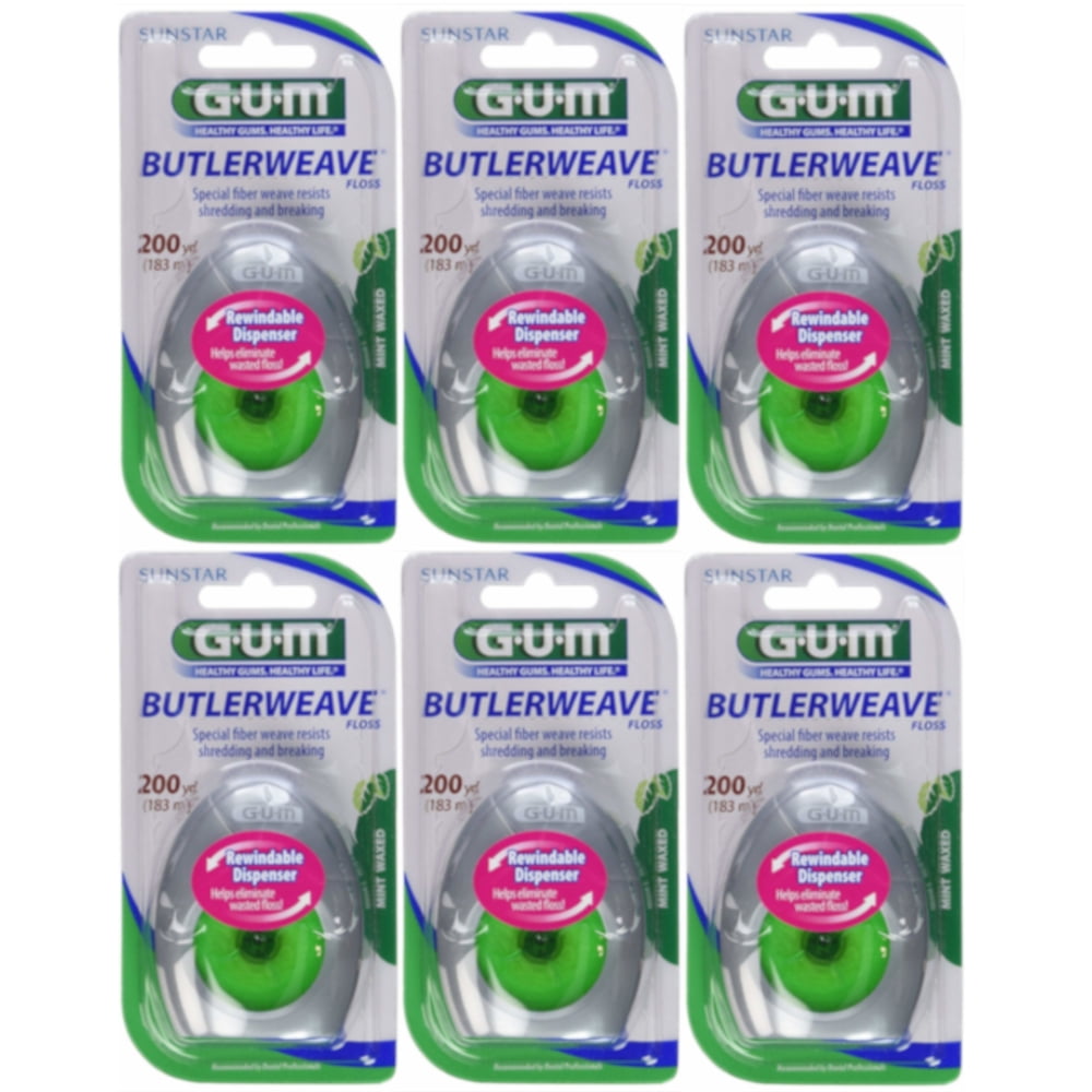 6 Pack GUM Butlerweave Wax Dental Floss, Mint, 200 yds Each