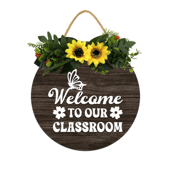 Eveokoki Welcome To Our Classroom Front Door Sign Funny Wreaths Hanging Wooden Plaque Decoration Round Rustic Wood Farmhouse Porch Decor for Home Front Door Decor, 11 x 11 Inch