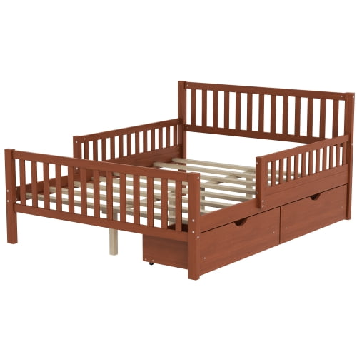 Euroco Wood Full Size Platform Bed with Guardrails and Drawers for Kids Teens Toddlers, Walnut