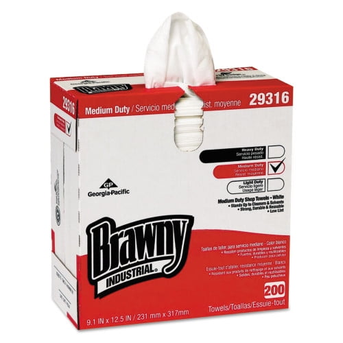 Brawny Lightweight Disposable Shop Towel, 9.1" x 12.5, White, 200/Box, Each
