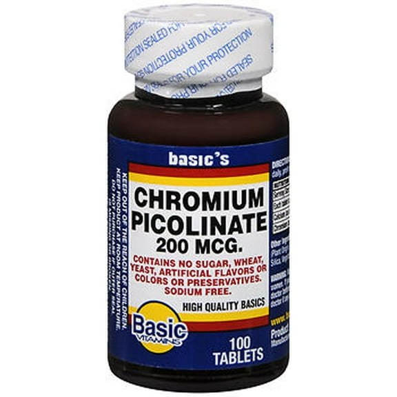 Basic Vitamins Chromium Picolinate Tablets, 200 mcg, 100 Count