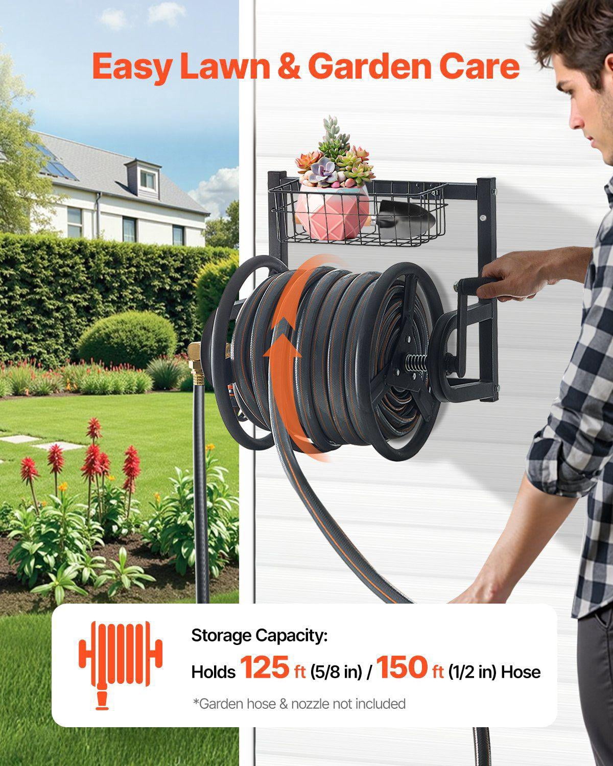 Wall-Mounted Heavy Duty Manual Garden Hose Reel – 125 ft Capacity for 5/8" Hose, Brass Fitting, Storage Basket, Space-Saving for Lawn & Yard
