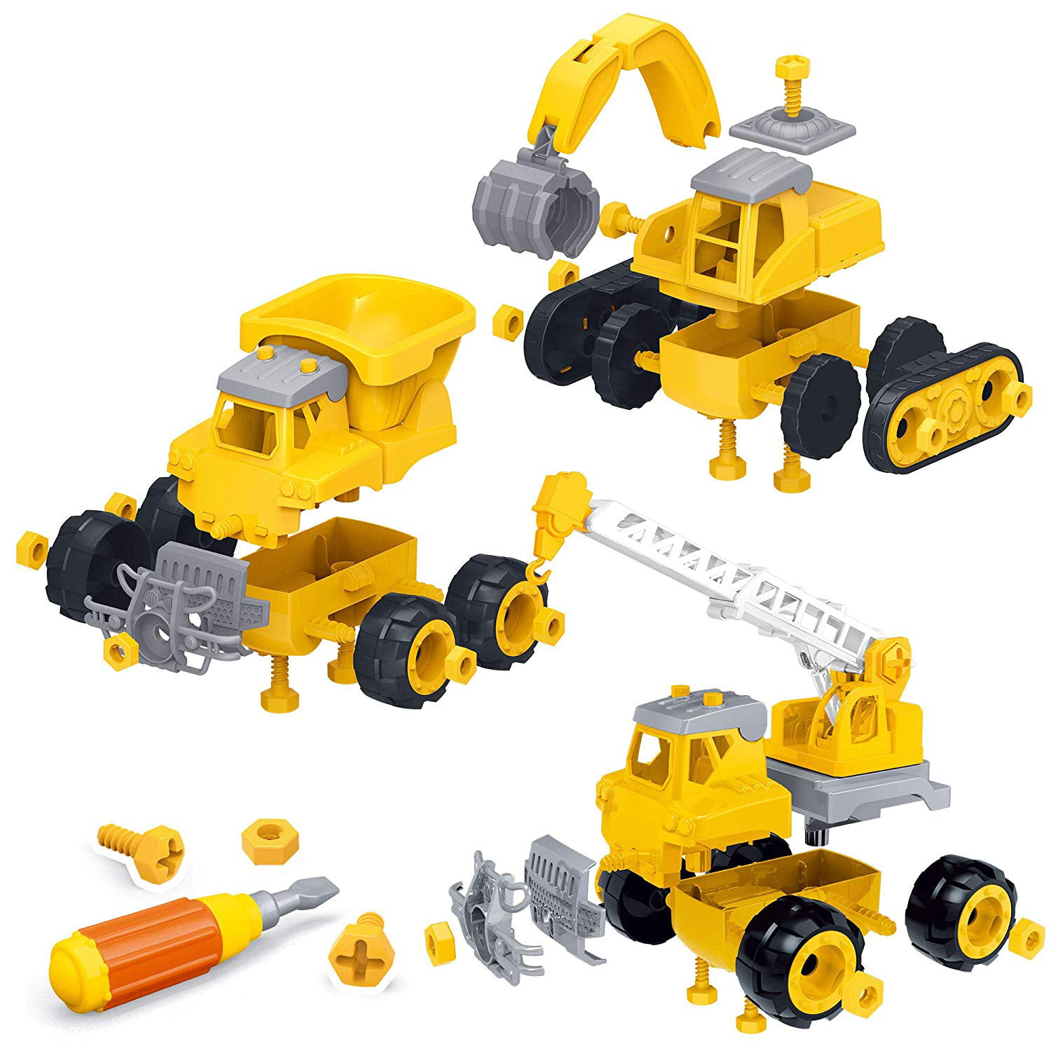BeebeeRun Construction Trucks for Boys Pretend Play Take Apart Toys with Screwdriver Construction Backpack with Dump Truck Toy and Bulldozer Toys，Gift for 3,4,5 Year Old Boys & Toddlers 