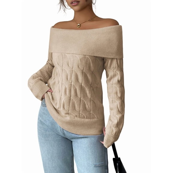 Female Sweaters Off Shoulder Long Sleeve Cable Knit Sweater Loose Chunky Work Tops Khaki S