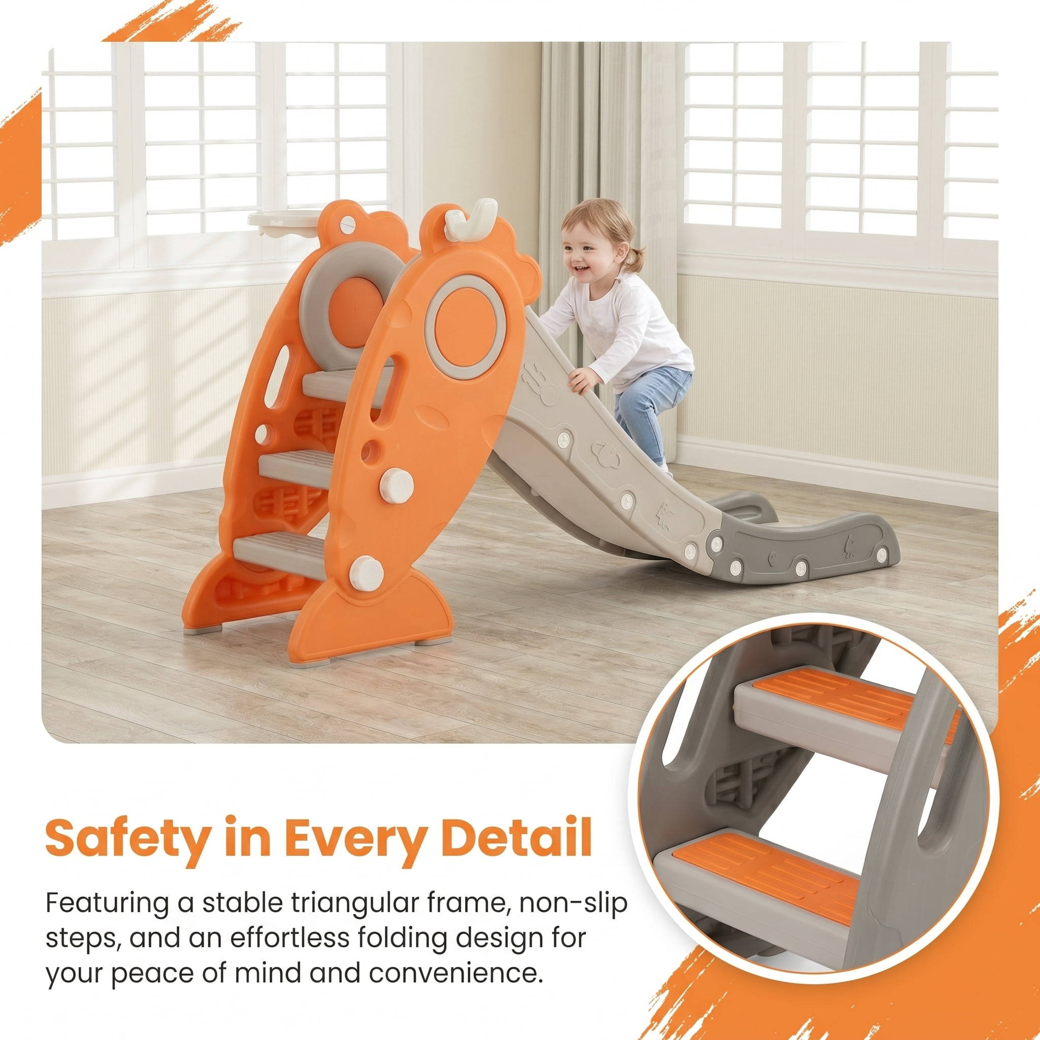Kadyn Toddler Slide Kids Slide, 4 in 1 Indoor Slide for Kids Age 3+ Years with Basketball Hoop and Rings, Orange