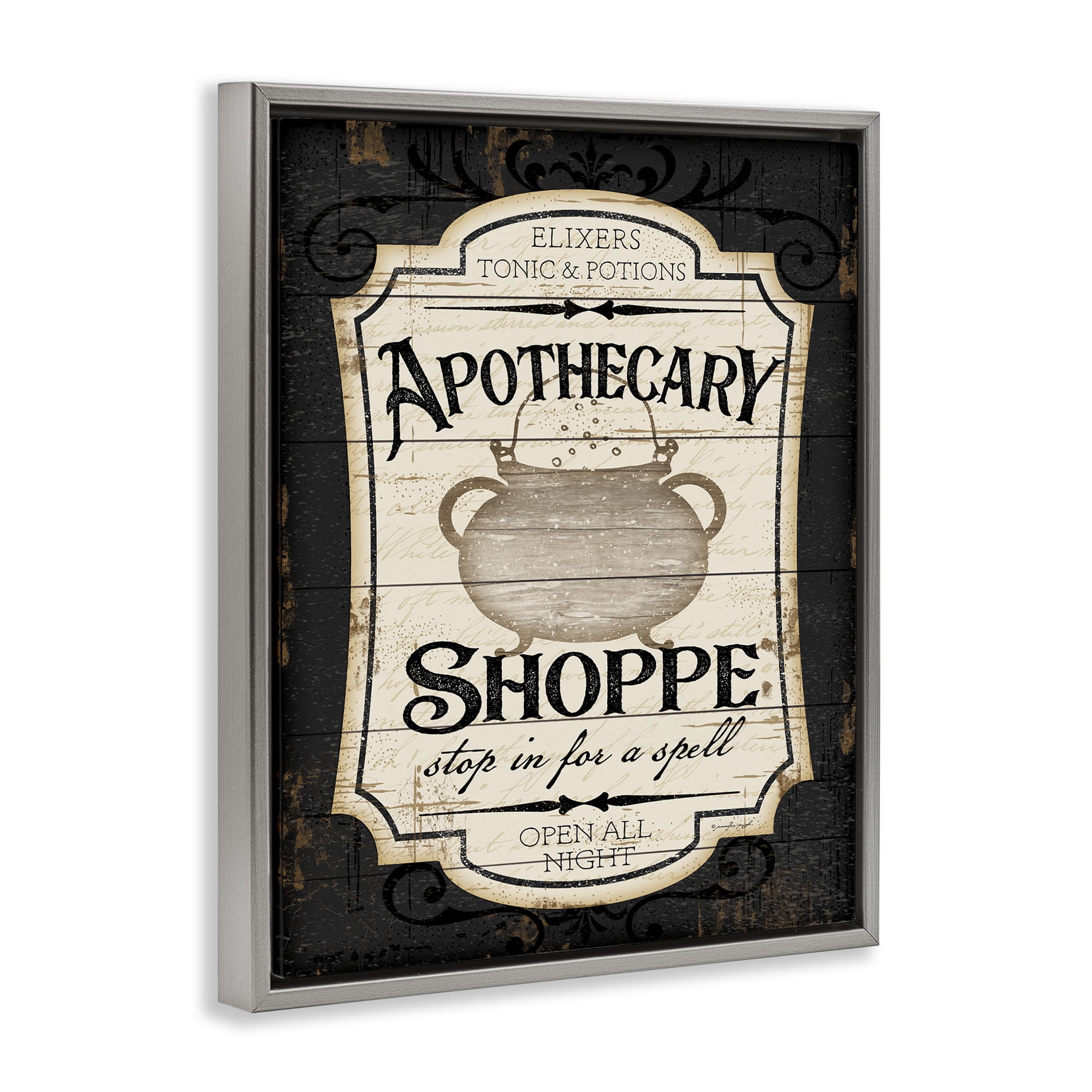 Stupell Industries Apothecary Shoppe Spooky Sign Holiday Painting Gray Floater Framed Canvas Art Print Wall Art, 17 x 21