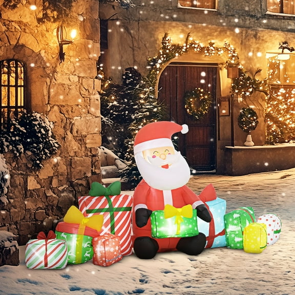 Outsunny 4.4' Christmas Inflatables Santa Claus and Gift Boxes with White LED Lights for Lawn Garden Party