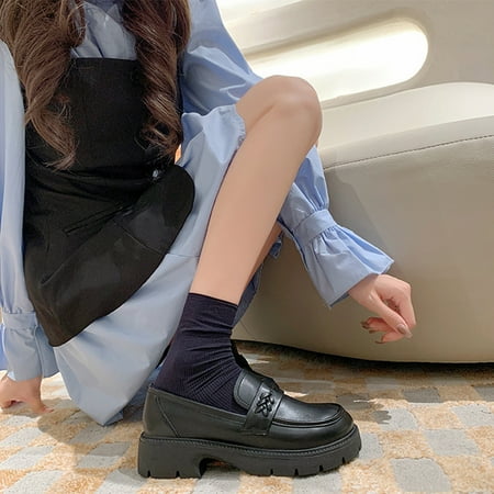 

Aueoeo Loafers for Women Round Toe Leather Shoes Flat Heel Platform Chunky Loafers Slip On Casual Shoes