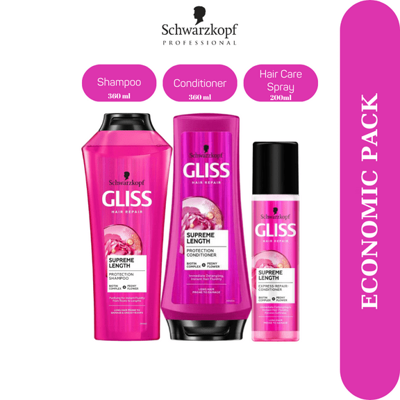 Schwarzkopf Gliss Supreme Lenght 3 Economic Pack Shampoo , Conditioner , Hair Care Spray Set