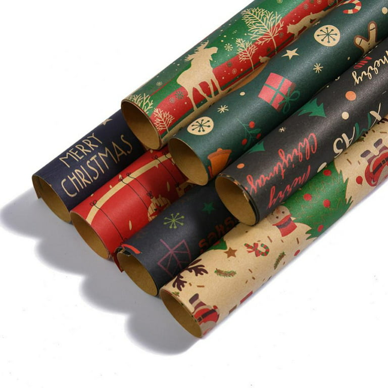 3 Rolls Christmas Wrapping Paper for Kids with Cut Christmas Elements Print Brown  Kraft Paper with Christmas Lights, Deer, Snowflakes,Snowmen(19.627.6,  Sheet of 3) 