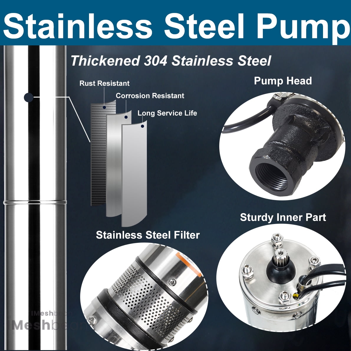 iMeshbean Deep Submersible Well Pump 3/4 HP Submersible Well Pump 110V 13GPM Water Pump 247ft Head with 33ft Electric Cable Stainless Steel Water Well Pumps Submersible for Irrigation Use