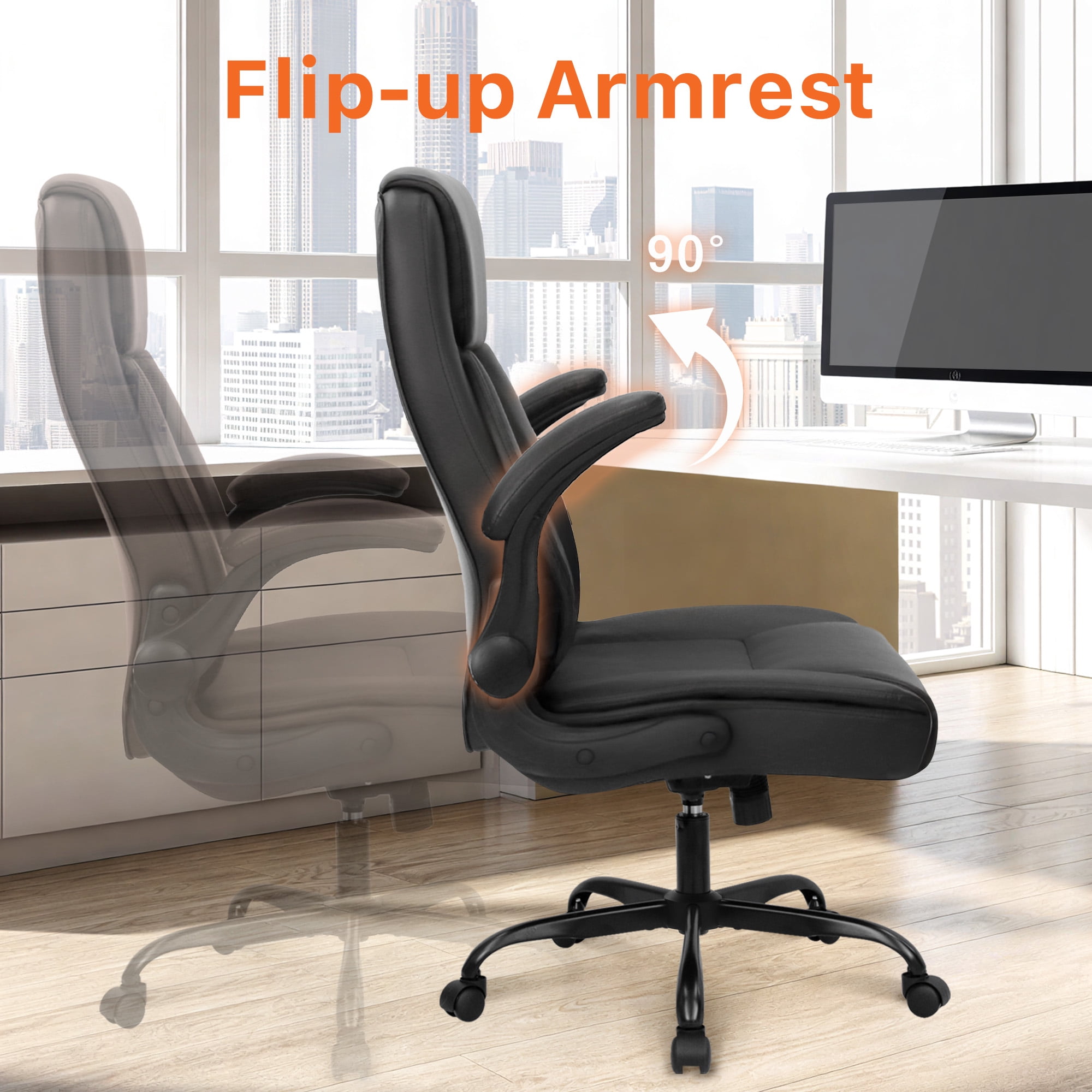 NEO CHAIR Ergonomic Office Desk Gaming Computer Chair Executive High Back Support Flip-up Arms Adjustable Height Swivel Rolling Wheels Comfy PU Leather for Home (Dark Black)