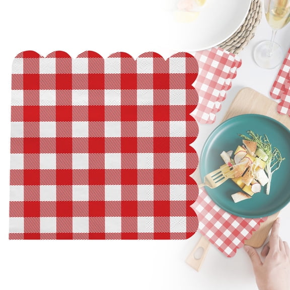 25 Count Red White Gingham Paper Napkins Scalloped Edge Checkered Plaid Napkins Disposable Absorbent Dessert Luncheon Napkins Birthday Wedding Picnic Napkins Spring Garden Party Table Decor