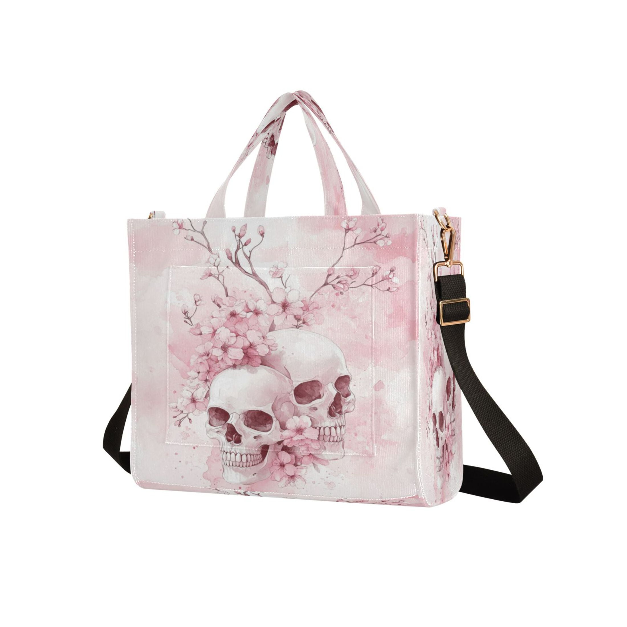 Wobogo Pink Skulls Corduroy Tote Bag for Women Travel Crossbody Bag Purse Women Shoulder Bags Work Handbags Daily Commuter Bag 13.7×12.2inch