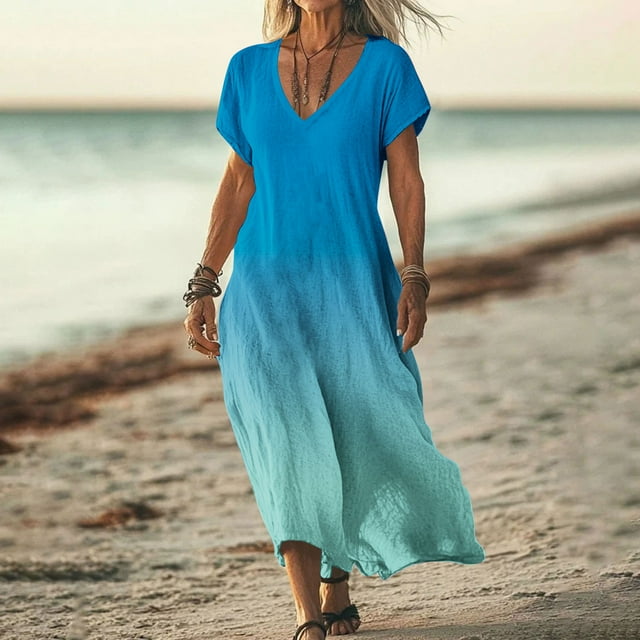 Robes Femmes DYTTDG Robe Femme Mode Dégradé Col en V Manches Courtes Robe Maxi de Plage Cadeau pour Adultes Bleu,m