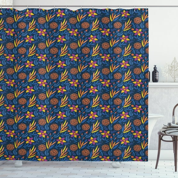 Floral Shower Curtain, Colorful Composition of Different Types of Flowers Botanic Artwork, Fabric Bathroom Set with Hooks, 69"WX70"L, Dark Violet Blue Multicolor, by Ambesonne