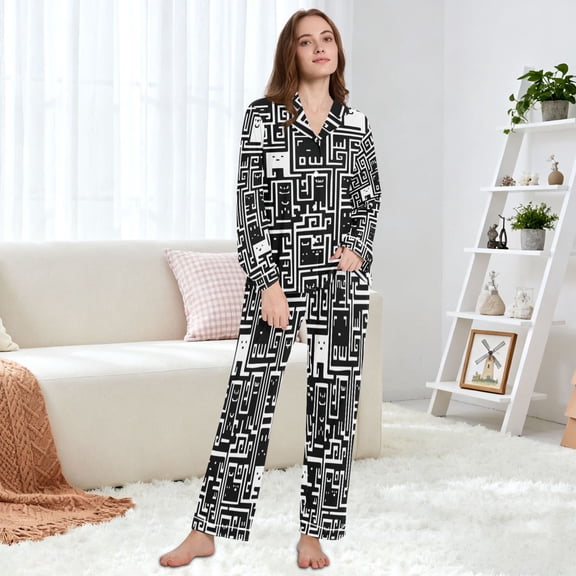 Women's Pajama Set Multi Size Available Long Sleeve Sleepwear For Ladies Maze Pattern