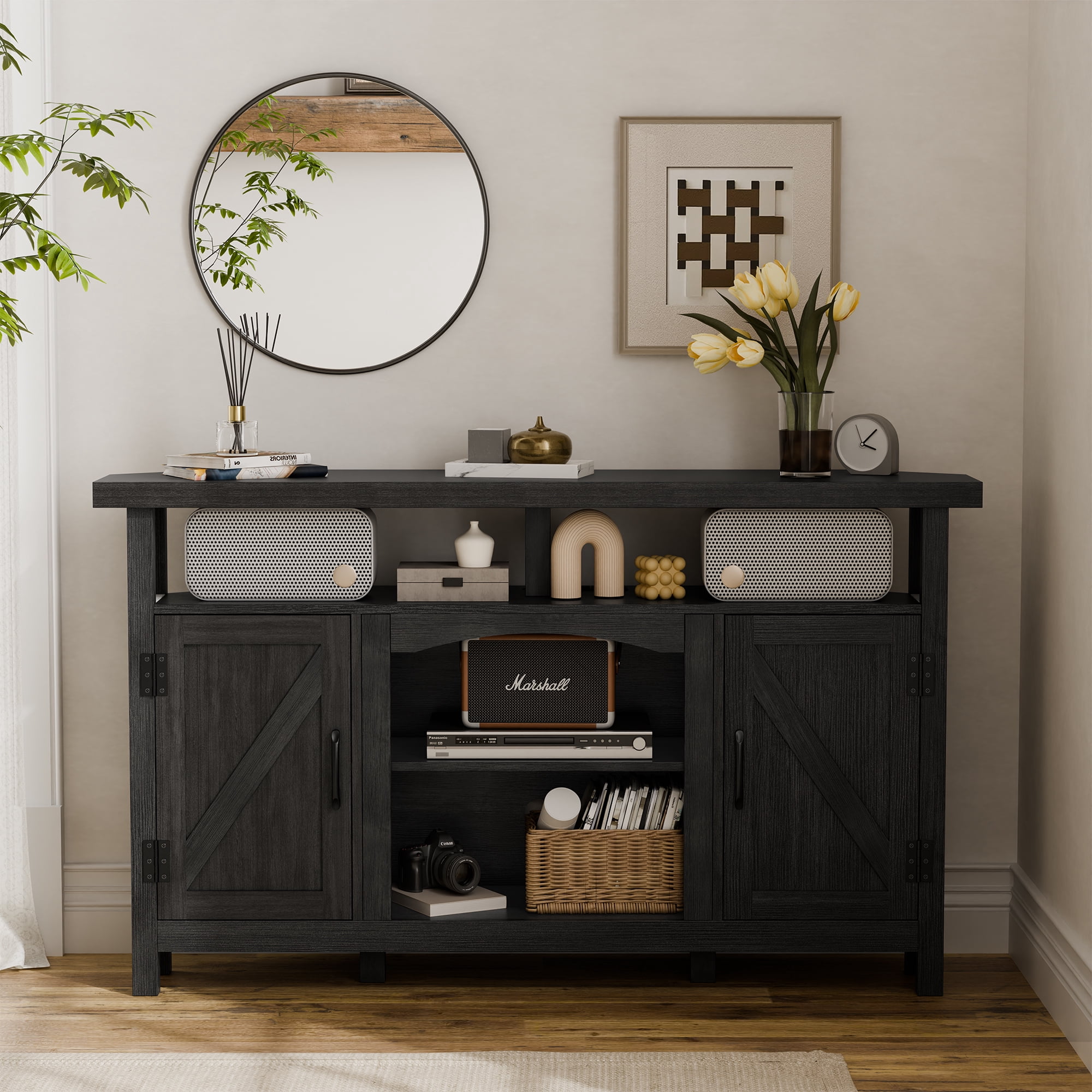 StorageWorks Farmhouse Corner TV Stand for TVs up to 60", Entertainment Center with Sliding Barn Doors and Storage Cabinets, Antique Black