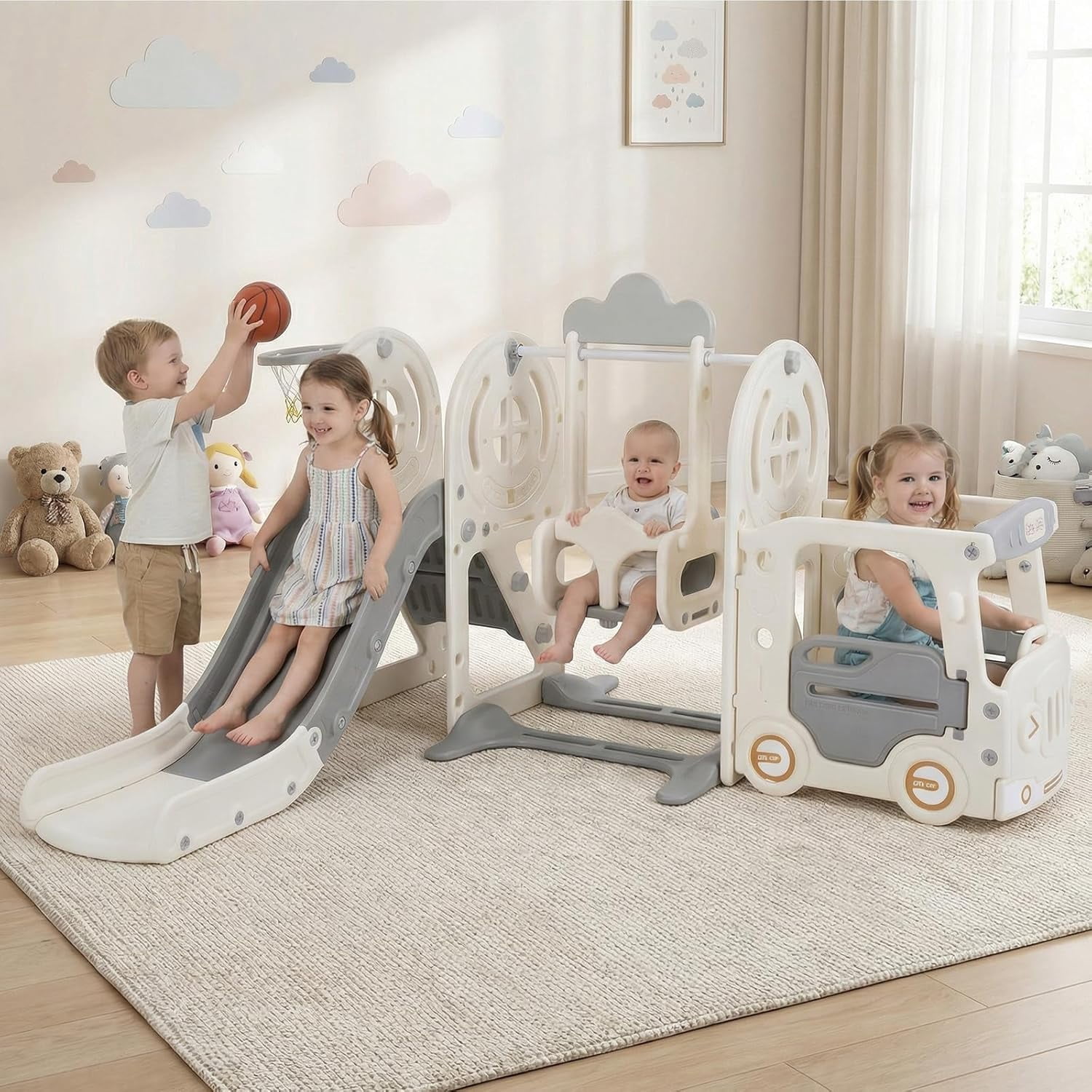 OLAKIDS Toddler Slide and Swing Set, 5 in 1 Bus Themed Baby Slide with Climber Basketball Hoop Car Playhouse for Indoor Outdoor Boys Girls Aged 3+