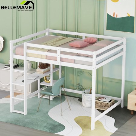 Bellemave Full Size Wood High Loft Bed with Desk & Storage Shelves,Wooden Loft Bed Frame with Safety Guardrails for Kids Teens Adults,Space Saving,White
