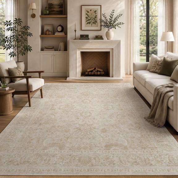 SIXHOME 8'x10' Area Rugs for Living Room Farmhouse Floral Area Rug Machine Washable Neutral Rugs Beige
