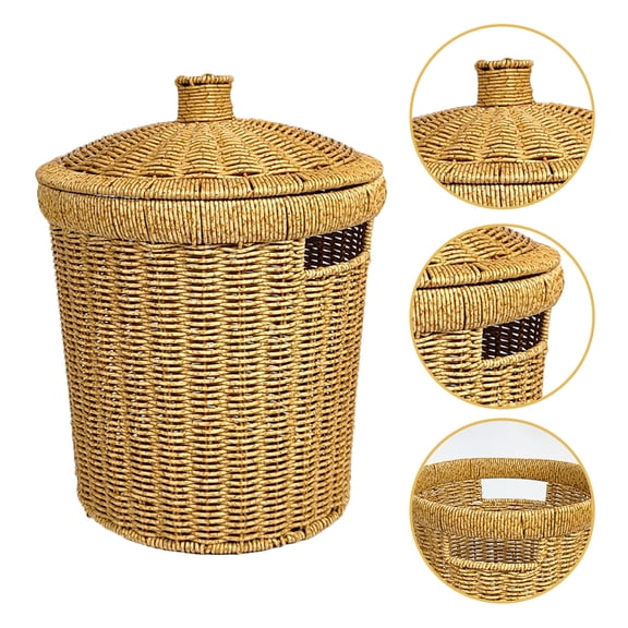 Milisten Woven Trash Can with Lid Brown Handwoven Plastic Garbage Bin for Bathroom
