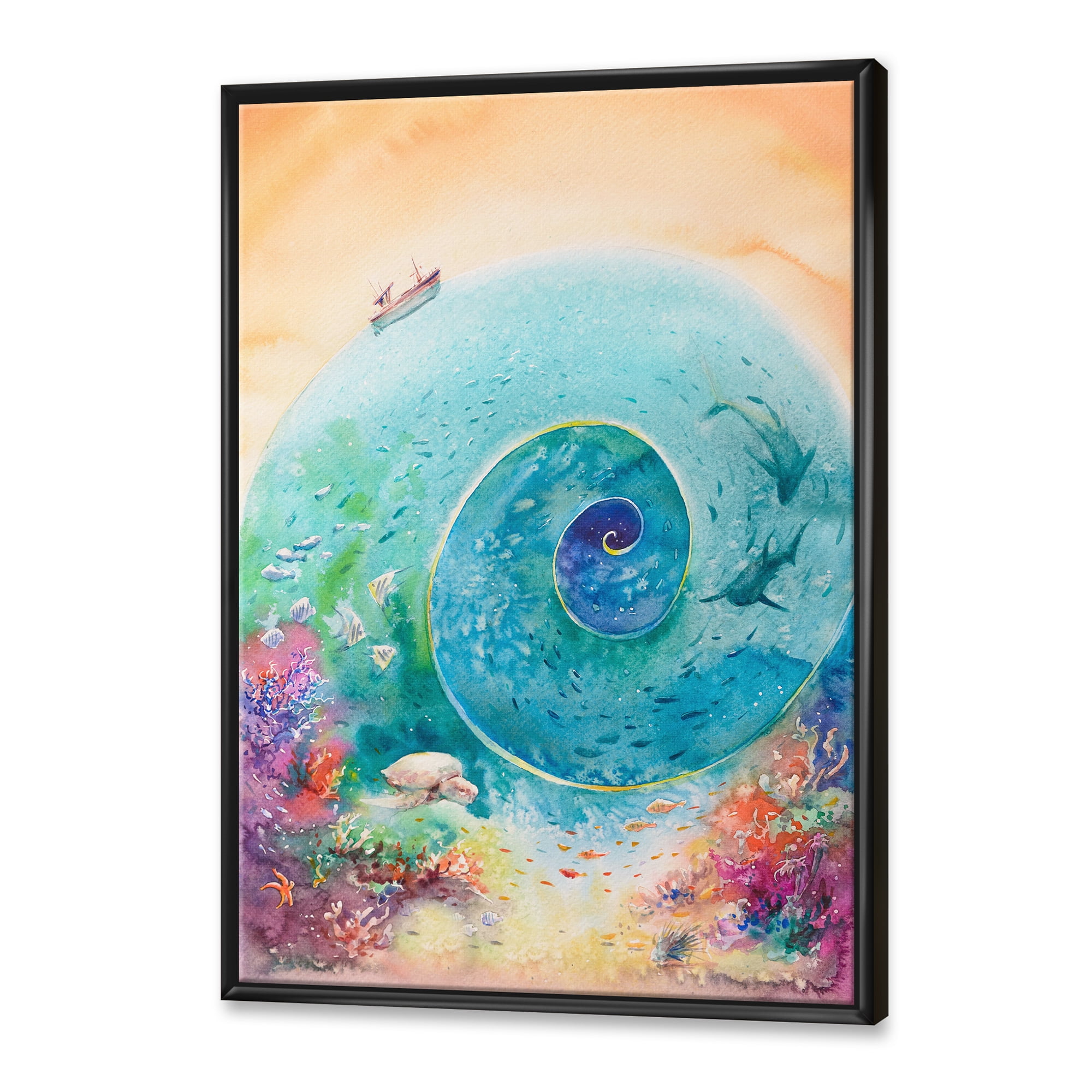 Designart 'Coral Reef Fishes With Turquoise Ocean Spiral' Nautical & Coastal Framed Canvas Wall Art Print