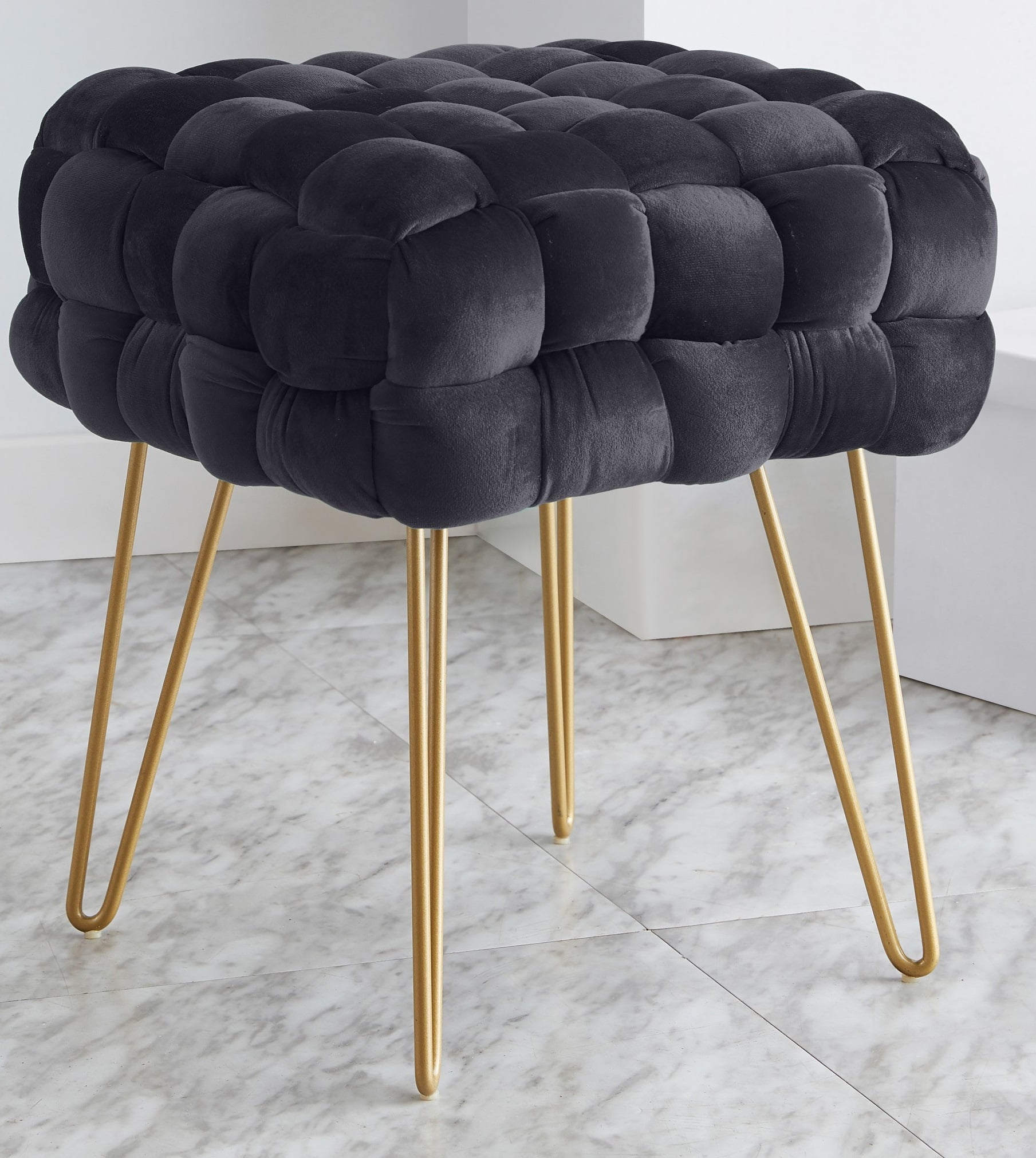 Ornavo Home Mirage Square Woven Velvet Ottoman with Gold Metal Legs