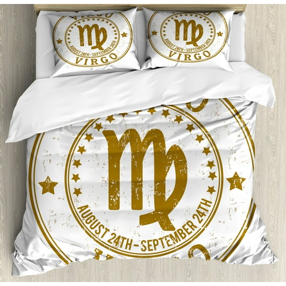 Zodiac Virgo Queen Size Duvet Cover Set, Astrology Grunge Rubber Stamp Design with Stars and Dates Retro Sign, Decorative 3 Piece Bedding Set with 2 Pillow Shams, Brown and White, by Ambesonne