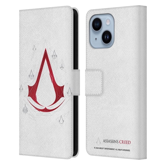 Head Case Designs Officially Licensed Assassin's Creed Legacy Logo Geometric White Leather Book Wallet Case Cover Compatible with Apple iPhone 14 Plus