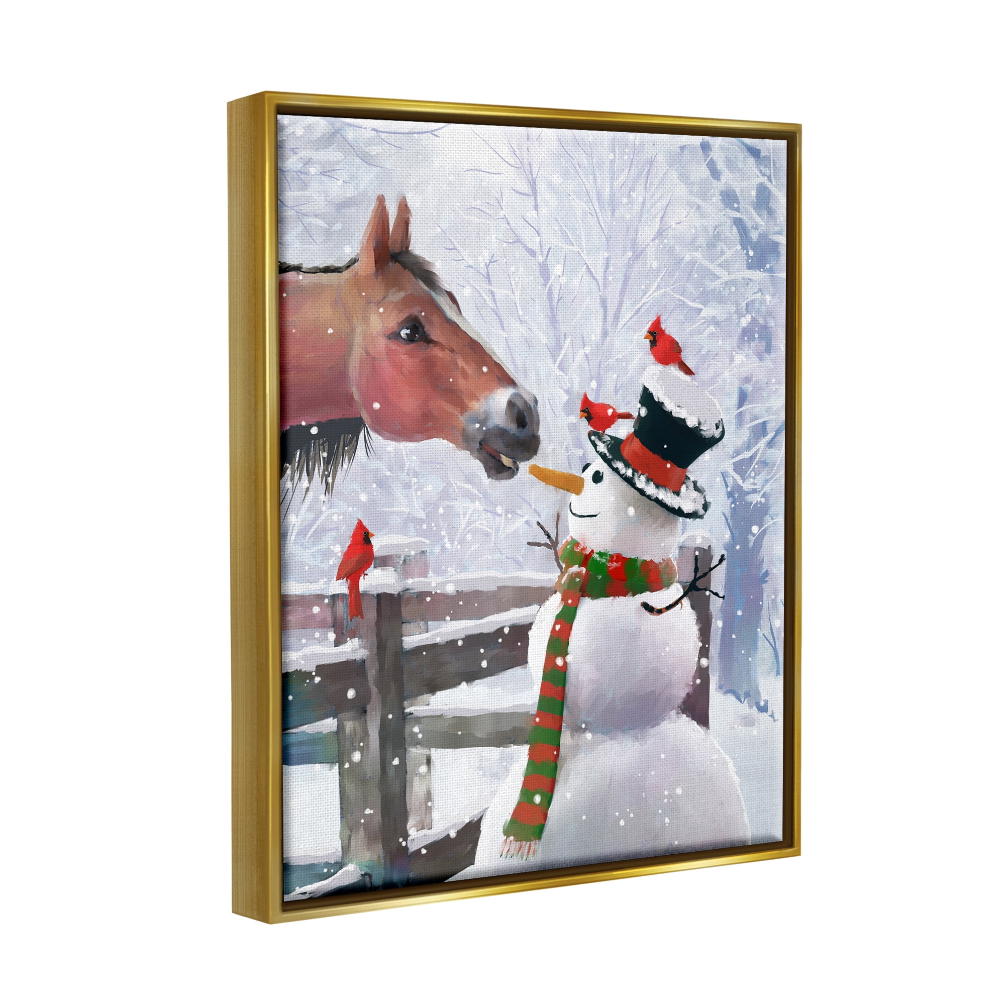 Stupell Industries Horse Eating Snowman Carrot Scene Holiday Painting Gold Floater Framed Art Print Wall Art