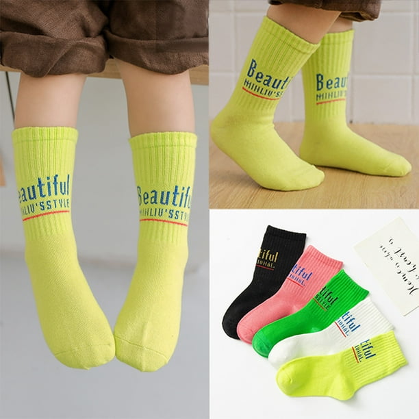 5Pairs Fashion Kids Boys Girls English Letter Pattern Fluorescent Colour  Mid-calf Length Socks Bea L (6-8 years old) 