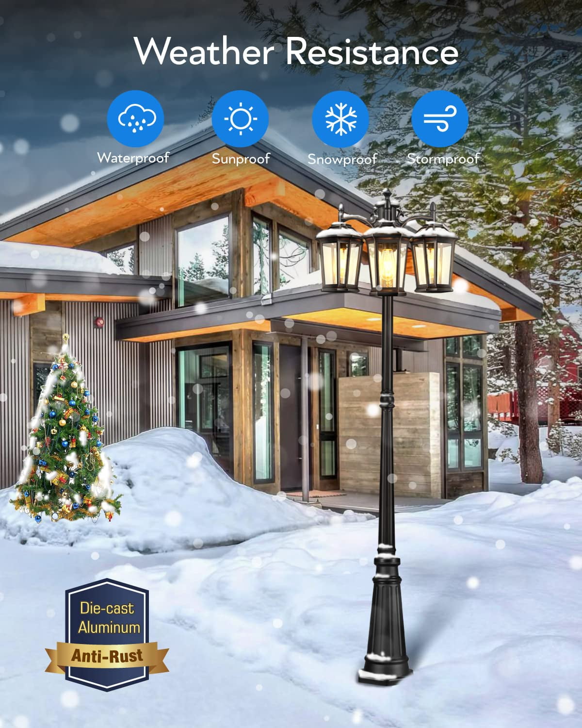 VIANIS Outdoor Lamp Post Lights with Dusk to Dawn Sensor, Triple Head Street Pole Light Fixtures Waterproof, Outside Electric Lantern Backyard Lighting, Christmas Lamp Post for Garden Patio Driveway