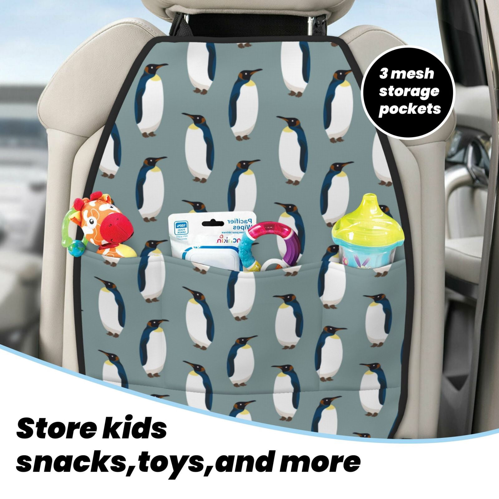 Xecao Penguin Pattern Car Seat Back Protector 2 Pack Large Capacity Pocket, Kick Mats Back Seat Protector
